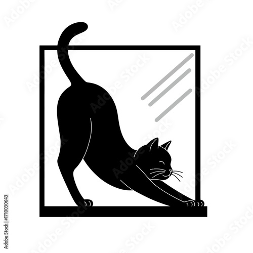 Silhouette of a sleek black cat stretching elegantly inside a square frame with abstract lines suggesting movement
