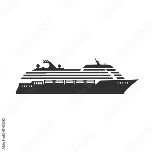 Modern cruise ship silhouette isolated on white background representing travel and leisure at sea