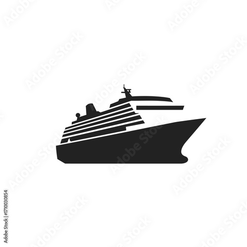 Modern cruise ship silhouette with multiple decks and balconies against a white background