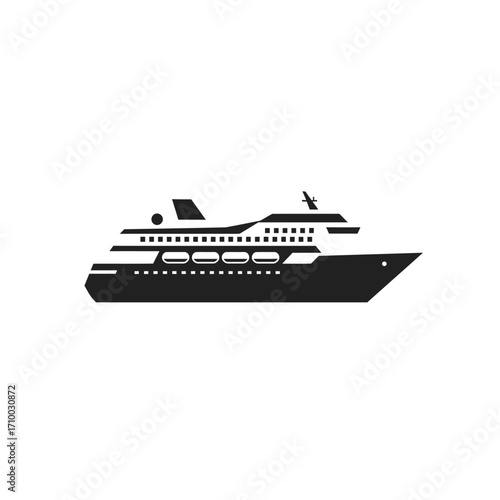 Silhouette of a large passenger cruise ship sailing on the open water with multiple decks and windows