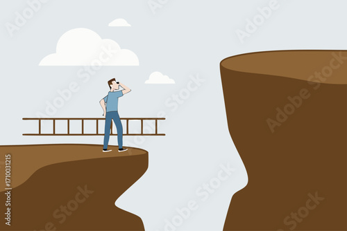 Solution to solve problem, businessman holds ladder that is to be climbed up to higher cliff