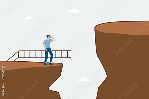 Solution to solve problem, businessman holds ladder that is to be climbed up to higher cliff