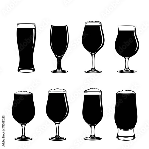 Collection of eight different dark beer glasses filled with frothy beverage in a clean illustration style