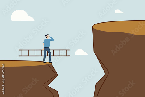 Solution to solve problem, businessman holds ladder that is to be climbed up to higher cliff