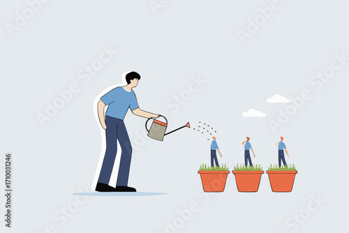 Talent development, businessman manager watering growth talented staff growing in a seedling pot