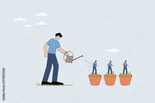 Talent development, businessman manager watering growth talented staff growing in a seedling pot