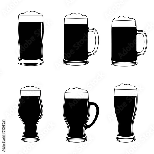 Collection of six different dark beer glasses filled with frothy beverage on a white background