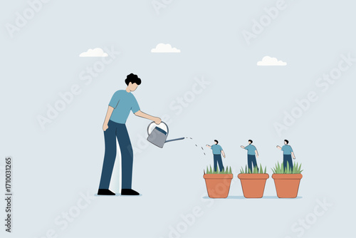 Talent development, businessman manager watering growth talented staff growing in a seedling pot