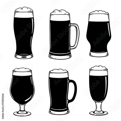 Collection of six different glasses filled with dark beer and frothy white foam on a white background