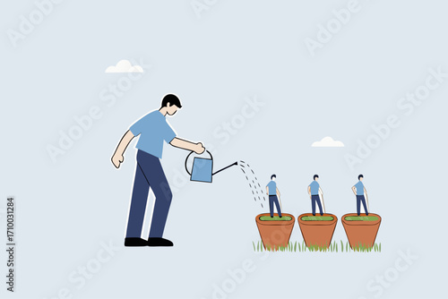Talent development, businessman manager watering growth talented staff growing in a seedling pot