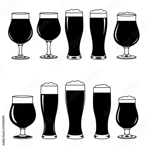 Collection of diverse dark beer glasses filled with frothy stout or porter beverages in a clean illustration