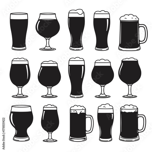 Collection of diverse beer glasses filled with dark frothy beer in a clean silhouette style illustration