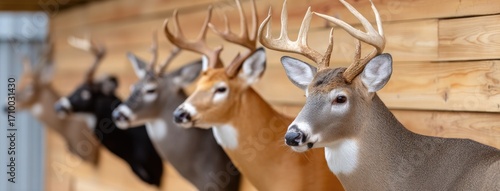 Collection of mounted deer heads displayed on a wooden wall in a rustic setting showcasing various species and colors