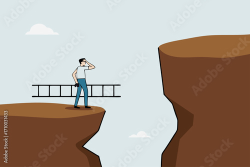 Solution to solve problem, businessman holds ladder that is to be climbed up to higher cliff