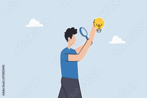 Perfectionist, a perfectionist businessman with magnifying glass looking at every detail of light bulb idea