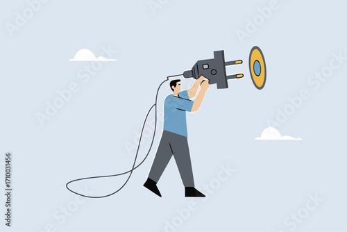 Recharge yourself, exhausted overworked businessman plugging in electricity to recharge.