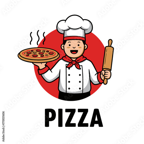 Happy cartoon chef character holding a delicious hot pizza and a rolling pin with the word pizza