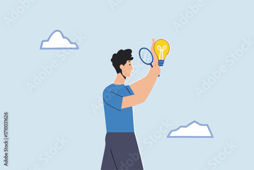 Perfectionist, a perfectionist businessman with magnifying glass looking at every detail of light bulb idea