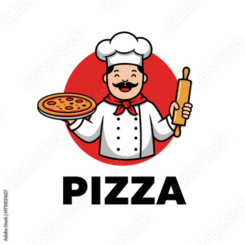 Friendly cartoon chef holding a delicious pizza and rolling pin with the word pizza