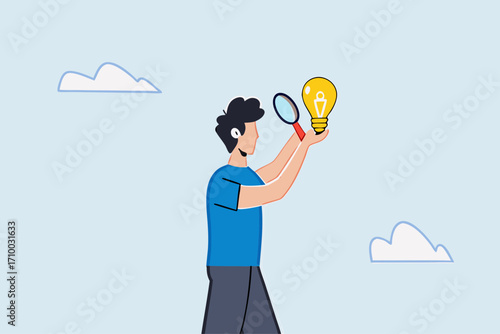 Perfectionist, a perfectionist businessman with magnifying glass looking at every detail of light bulb idea