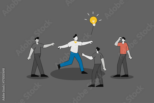 Brighten up business, business manager with light bulb idea to help colleagues in the dark.