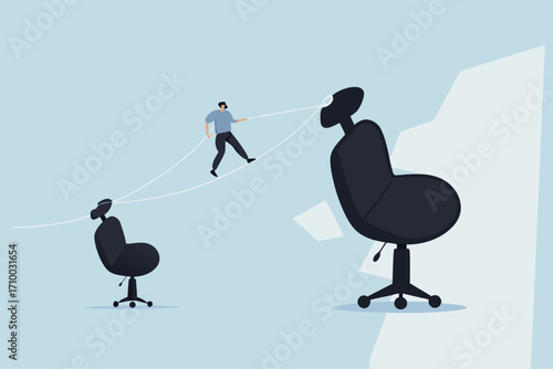 Career growth, business clerk walks to higher workplace chair