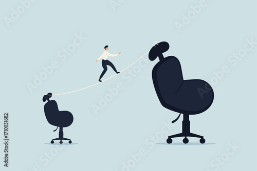 Career growth, business clerk walks to higher workplace chair