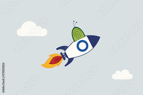 Accelerate business, slow snail flies fast rocket booster metaphor speeds up work process.
