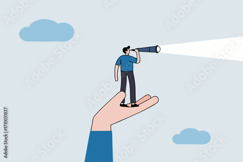 Vision to see opportunity, businessmen stand with supporting hand looking through telescope.