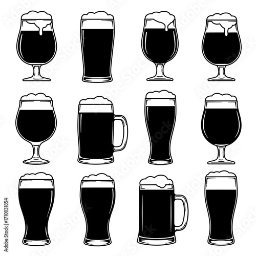 Collection of twelve different styles of beer glasses filled with dark beer and frothy foam isolated on white background