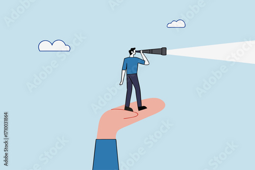 Vision to see opportunity, businessmen stand with supporting hand looking through telescope.