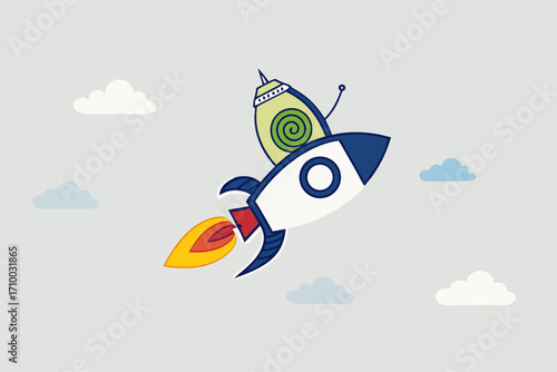 Accelerate business, slow snail flies fast rocket booster metaphor speeds up work process.