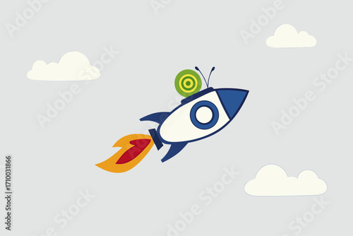Accelerate business, slow snail flies fast rocket booster metaphor speeds up work process.