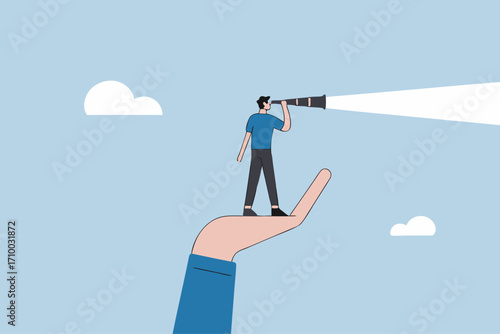 Vision to see opportunity, businessmen stand with supporting hand looking through telescope.