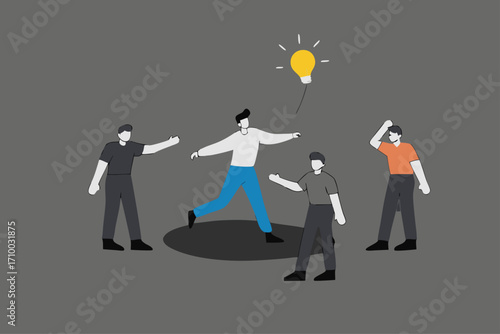 Brighten up business, business manager with light bulb idea to help colleagues in the dark.