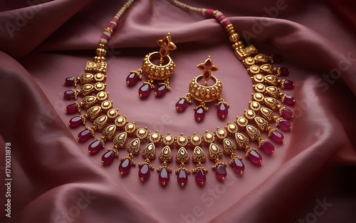 Gold necklace and earrings with ruby stones