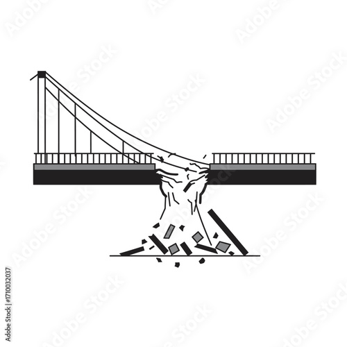 Illustration of a suspension bridge collapsing with debris falling into water below
