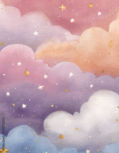 Céu Noturno Sonhador com Nuvens Pastel e Estrelas Douradas