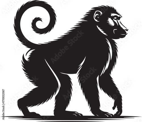 Black silhouette of a baboon walking in a stylized landscape with mountains