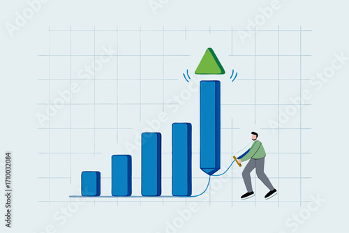 Grow your business, businessman lights fireworks from rocket dash to increase business growth.