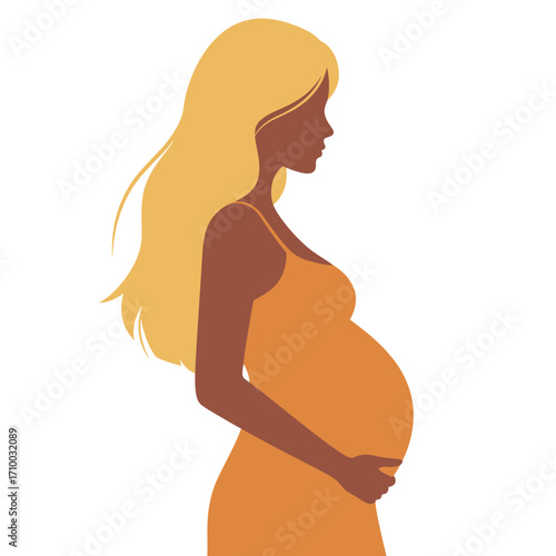 Elegant silhouette of a pregnant woman with long blonde hair holding her belly
