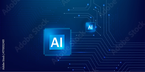 AI Chip on Blue Futuristic Digital Circuit Board
