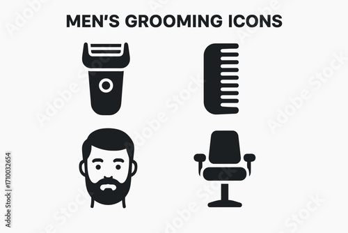 Men's Grooming Icons Set – Beard, Comb, Shaver, Shaving Brush Vector Symbols