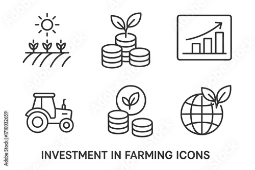 Farming Investment Icons – Agriculture, Money, Growth, Economy, Line Vector Set
