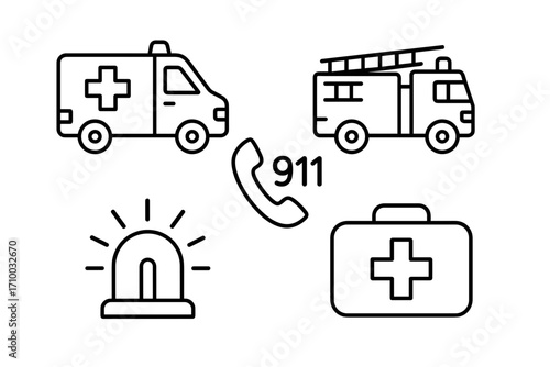 Emergency Services Icons – Ambulance, Fire Truck, First Aid and Alarm Symbols_simple_compose