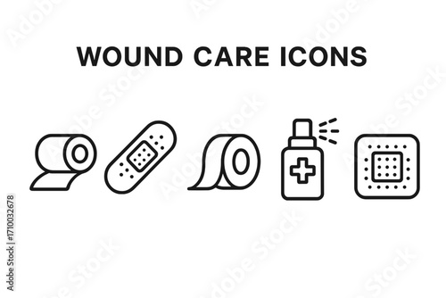 Wound Care Essentials – Medical Icons & Tools Vector Set | First Aid, Bandages, Treatment & Emergency Symbols