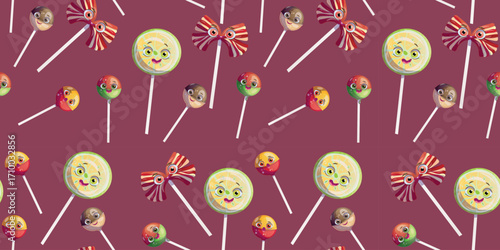 Seamless pattern with different colored cartoon lollipops on the crimson background