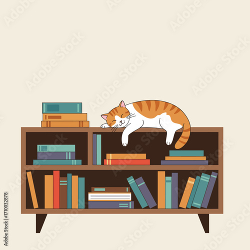 Cozy orange tabby cat napping peacefully on top of a wooden bookshelf filled with books