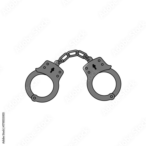 Close up of a pair of metal handcuffs with a connecting chain against a white background