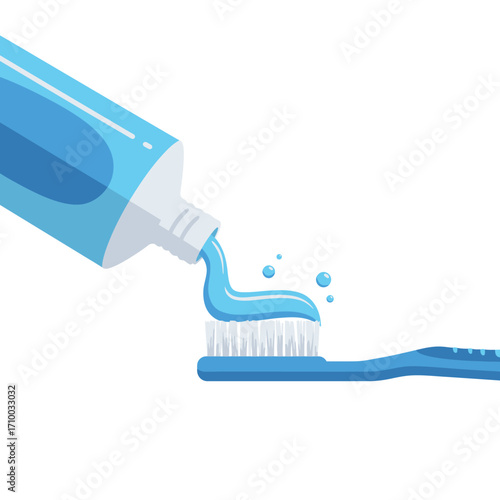 Close up of blue toothpaste being squeezed onto a blue toothbrush with white bristles and bubbles